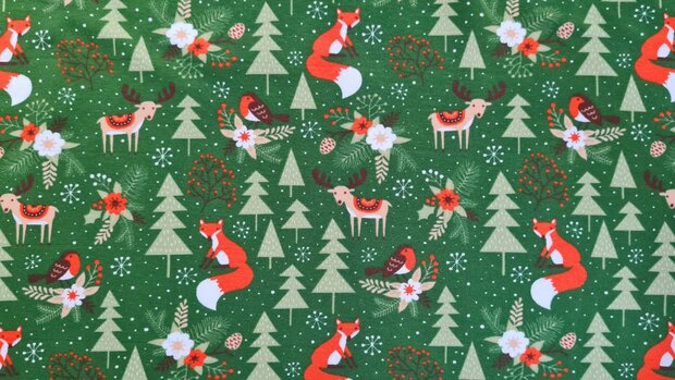 Cotton Jersey Christmas Fox Green