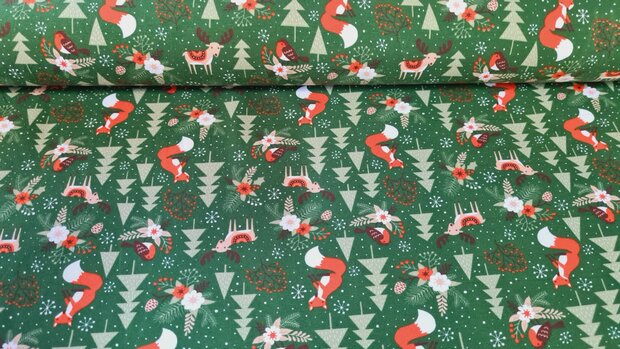 Cotton Jersey Christmas Fox Green