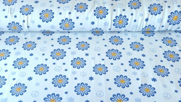 Cotton Jersey Smiley Flowers Blue