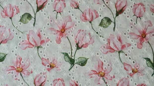 Cotton Broderie Flowers White/Rosé