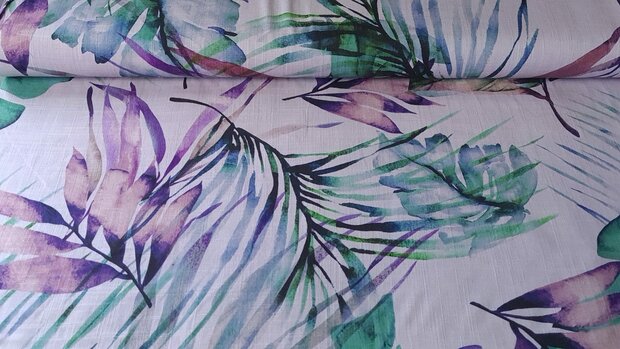 Linnen Viscose Tropical Leaves Lilac