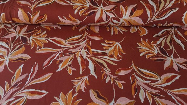 Heavy Viscose Jersey Vintage Leaves Brick