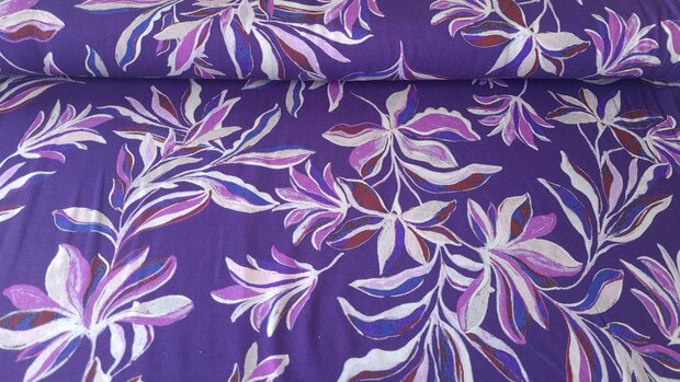 Heavy Viscose Jersey Vintage Leaves Purple