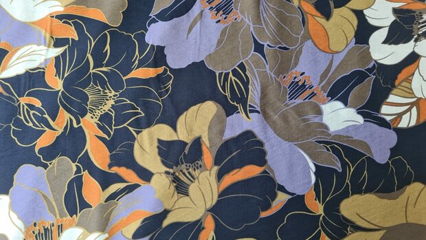 Viscose Crepe Painted Flowers Navy