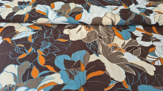 Viscose Crepe Painted Flowers Brown