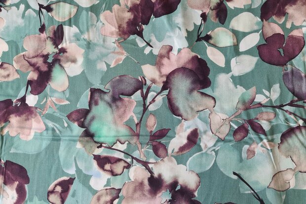 Viscose Twill Digital Flowers Petrol