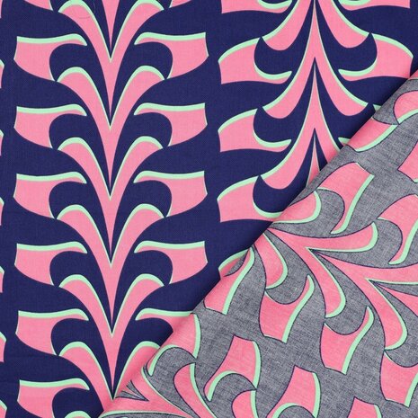 Cotton Satin Abstract Navy/Pink 