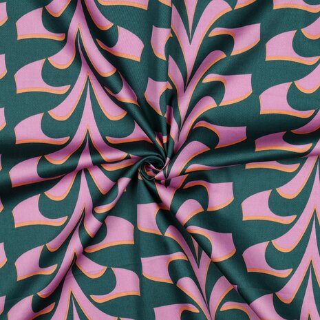 Cotton Satin Abstract Green/Pink 