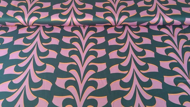 Cotton Satin Abstract Green/Pink 