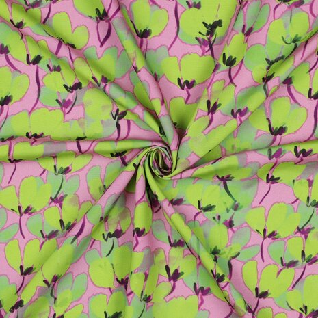 Viscose Digital Painted Flowers Lime