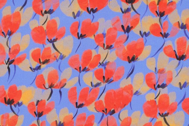 Viscose Digital Painted Flowers Red