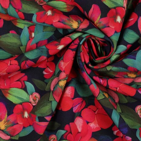 Viscose Digital Flowers Navy-Red