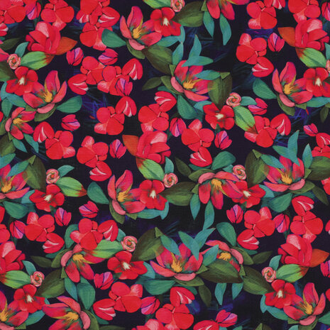 Viscose Digital Flowers Navy-Red