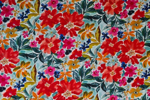 Viscose Digital Summer Flowers Red