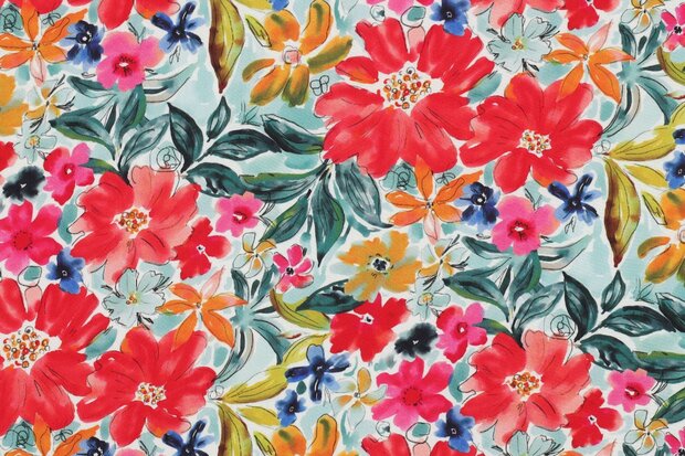 Viscose Digital Summer Flowers Red