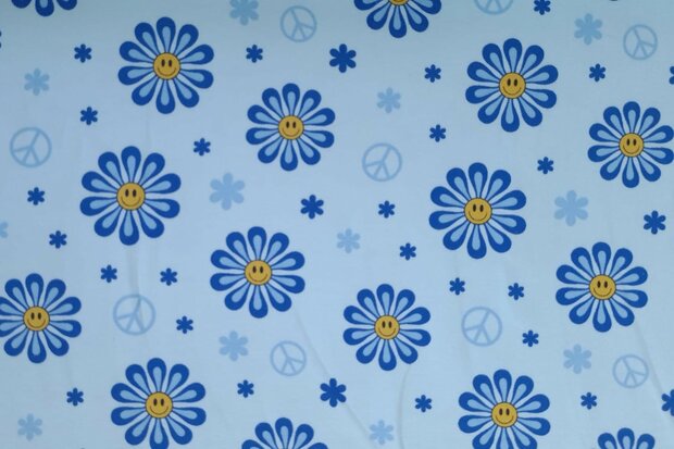 Cotton Jersey Smiley Flowers Blue