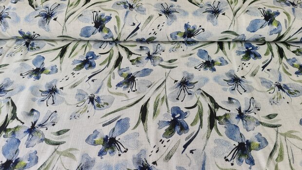 Viscose Linnen Flowers Blue