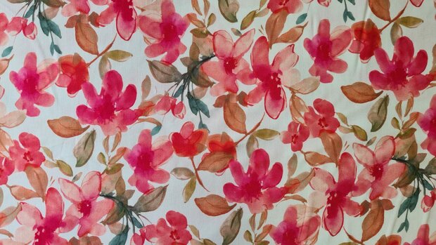 Viscose Digital Flowers White-Red