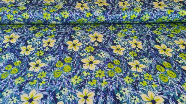 Viscose Satin Flowers Blue/Yellow