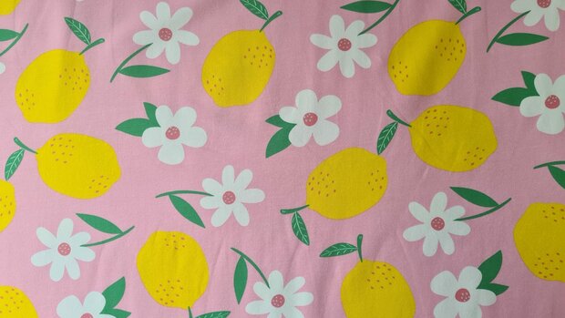 Cotton Jersey Flowers & Lemons Pink