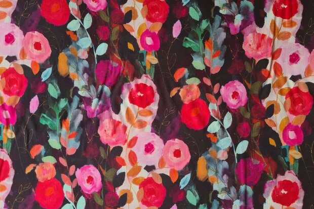 Viscose Satin Flowers Black