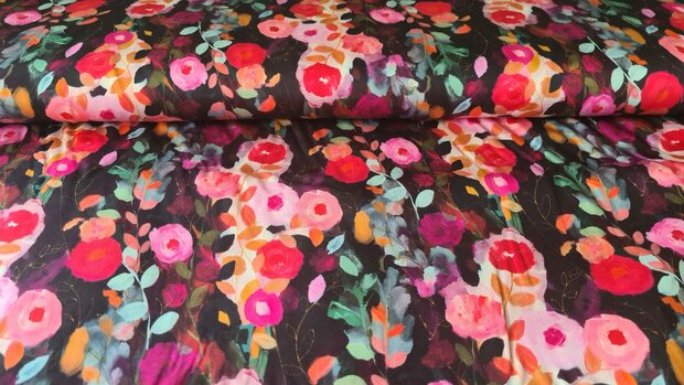 Viscose Satin Flowers Black