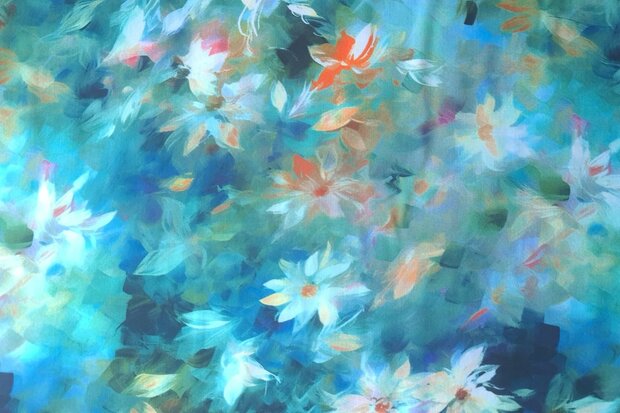 Viscose Digital Faded Flowers Petrol