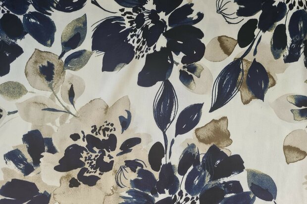 Viscose Satin Flowers Off White/Blue