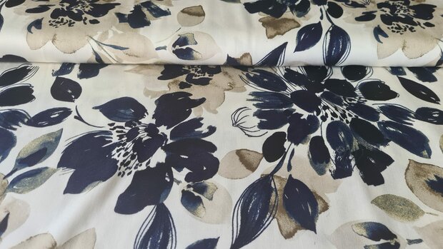 Viscose Satin Flowers Off White/Blue