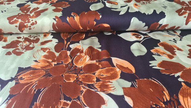 Viscose Satin Flowers Navy/Brick