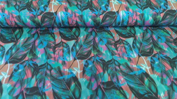 French Terry Multi-Colour Leaves Petrol