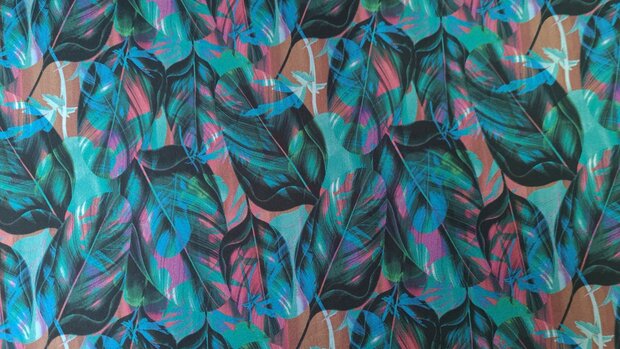 French Terry Multi-Colour Leaves Petrol