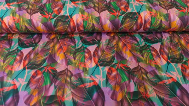 French Terry Multi-Colour Leaves Cyclam