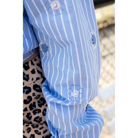 Cotton Embroidery Stripes / Flowers Blue