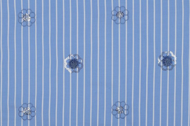 Cotton Embroidery Stripes / Flowers Blue