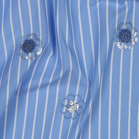 Cotton Embroidery Stripes / Flowers Blue