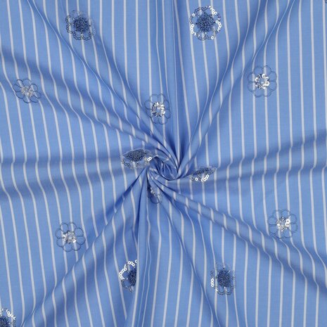 Cotton Embroidery Stripes / Flowers Blue