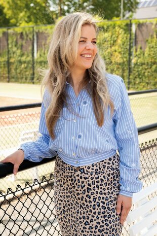 Cotton Embroidery Stripes / Flowers Blue