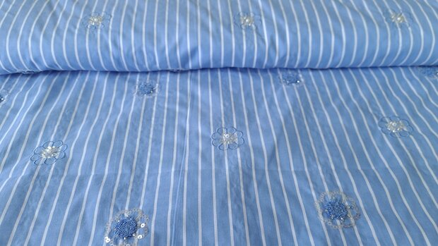 Cotton Embroidery Stripes / Flowers Blue
