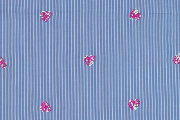Cotton Embroidery Stripes / Hearts Blue