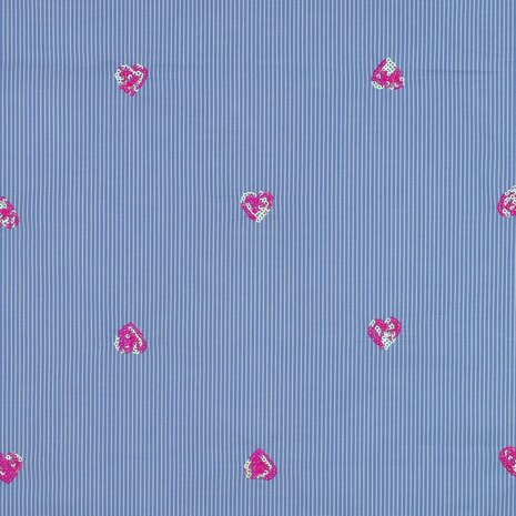 Cotton Embroidery Stripes / Hearts Blue