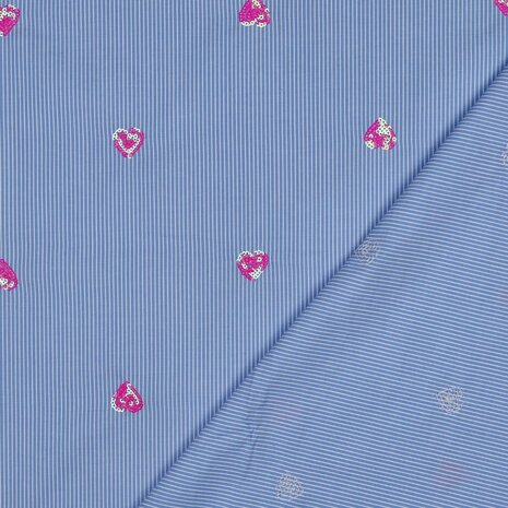 Cotton Embroidery Stripes / Hearts Blue