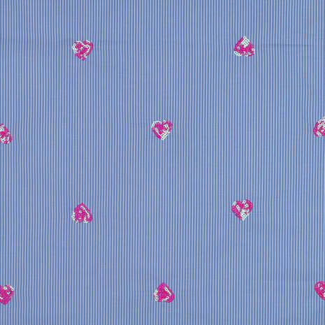 Cotton Embroidery Stripes / Hearts Blue