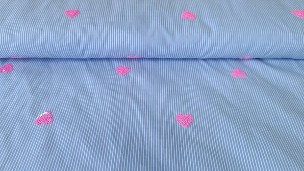 Cotton Embroidery Stripes / Hearts Blue