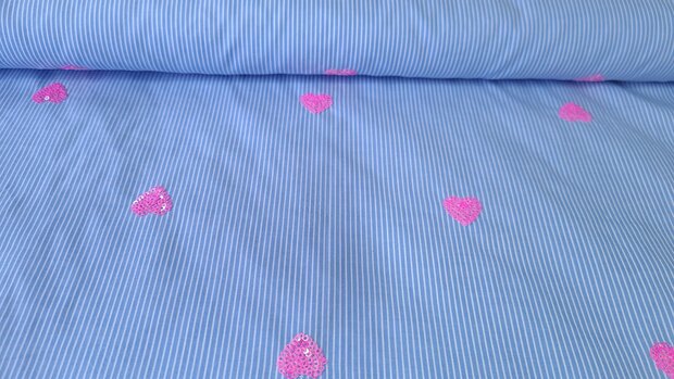 Cotton Embroidery Stripes / Hearts Blue
