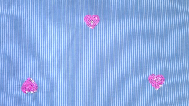 Cotton Embroidery Stripes / Hearts Blue