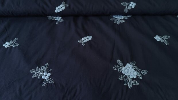 Cotton Voile Embroidery Flowers Navy