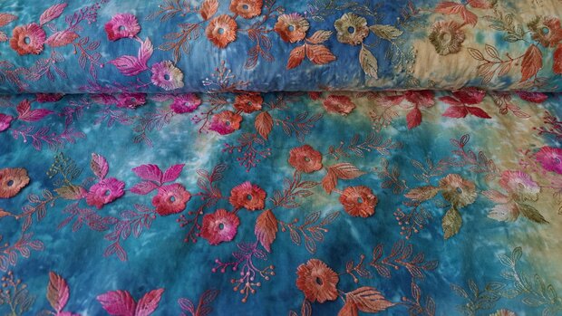 Cotton Embroidery Tie Dye Multi Blue