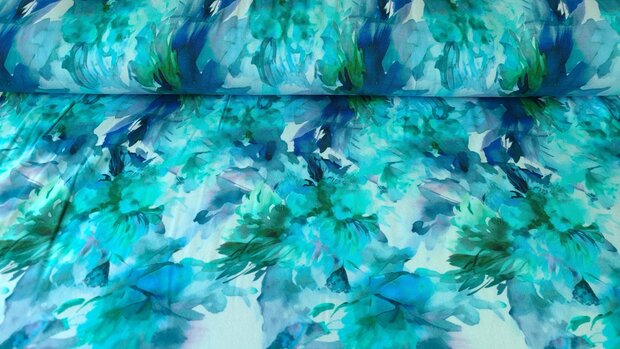 Viscose Jersey Flowers Aqua