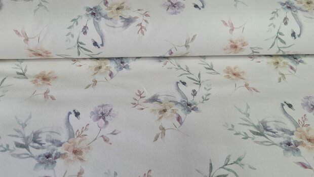 Organic Cotton Jersey Swan & Flowers